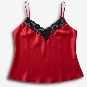 Private Luxuries Red Satin Camisole Top Black Lace Beaded Trim Medium
